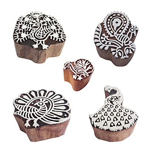 Royal Kraft Peacock Wooden Printing Stamps (Set of 5) - DIY Henna Fabric Textile Paper Clay Pottery Blocks Htag2215 - color: Htag2215