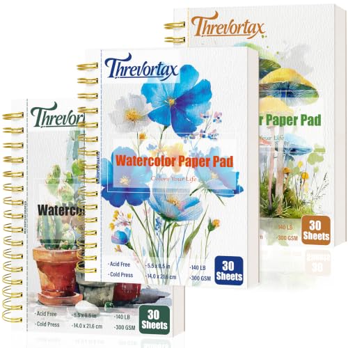 Threvortax 5.5 x 8.5 in Watercolor Sketchbook 3 Pack (90 Sheets) 140lb/300gsm Cold Press Spiral Bound Watercolor Paper Pad
