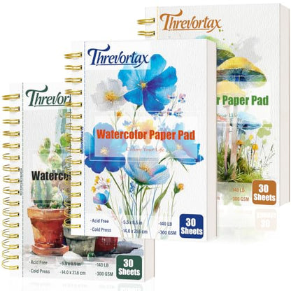Threvortax 5.5 x 8.5 in Watercolor Sketchbook 3 Pack (90 Sheets) 140lb/300gsm Cold Press Spiral Bound Watercolor Paper Pad