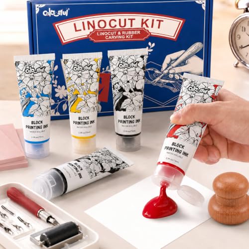 Colorful Linocut Kit for Printmaking, 5-Color Block Printing Ink for Crafts