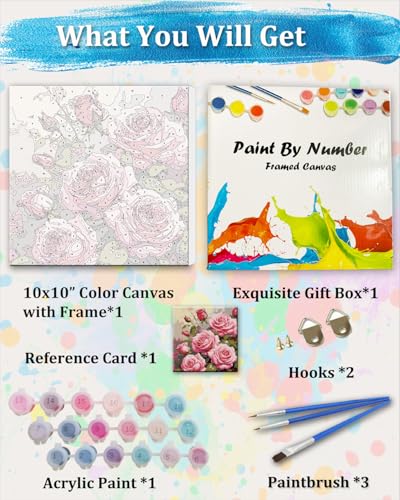 TOCARE Framed Paint by Numbers Kit for Adults Beginners & Kids Ages 8-12,Pink Rose Paint by Number with Frame,Easy Flowers Paint by Numbers Framed Canvas (10x10 Inch, Without Easel) - color: TC-F-212