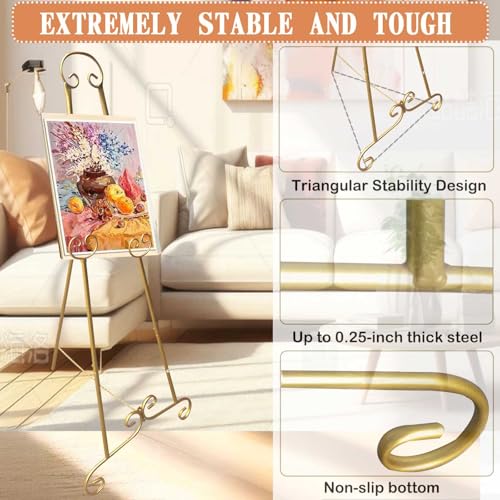 46" H Adjustable Metal Display Easel - Vintage Gold Scroll Design, Rust-Proof Metal Stand for Showcasing Pictures, Artlork, Picture Frame and Wedding Signs