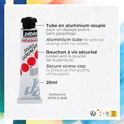 PEBEO Studio XL Gouache - Set of 24 Tubes 20 ml Assorted Colours + Accessories - Gouache Kit for Artist and Beginner - Brushes + Spatula + Canvas Cardboard - Bright and Bright Colours