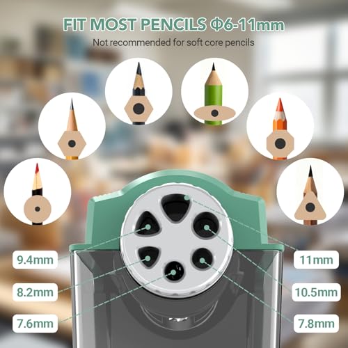 AFMAT Electric Pencil Sharpener for Classroom, 6 Holes, Cordless & Rechargeable, Super Fast, Auto Stop, 10K+ Uses, Heavy Duty Pencil Sharpener for 6-11mm No.2/Large/Colored Pencils PSD4(Green) - color: Green