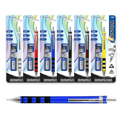 BAZIC PRODUCTS Tritech 0.7mm Mechanical Pencil, 2B Ceramic Lead, 6-Set | 0.7 mm 2B ceramic lead, click-advance, refillable, Eraser under cap, school, office, sketching, notes - color: 2-count (Pencil + Lead), size: 6 Count (Pack of 1)