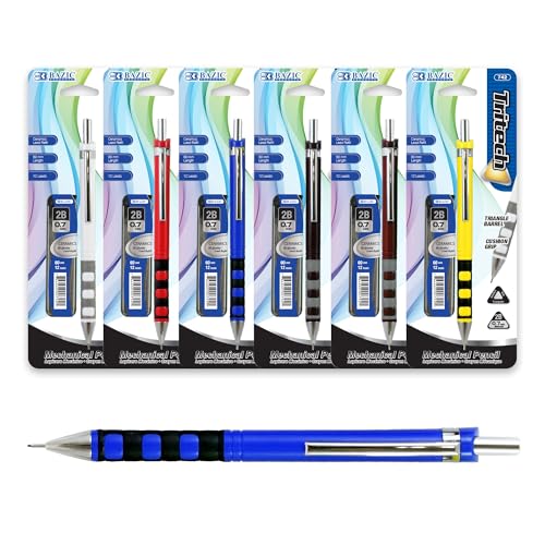 BAZIC Mechanical Pencil 0.7mm Tritech Soft Grip, Refill 2B Ceramic Pencils Lead, Latex Free Eraser, for Drawing Sketching, 1 Unit, Random Color | 0.7 mm 2B ceramic lead; click-advance; Eraser under cap; school; office; sketching; notes - color: 2-count (P