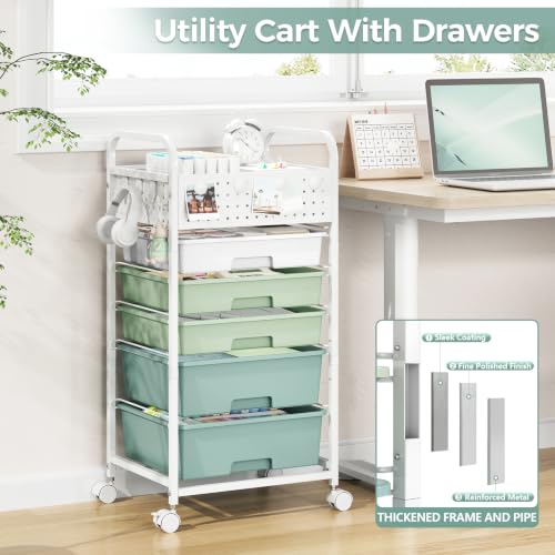 5 Drawer Rolling Storage Cart with Pegboard Top and Hooks, Gradient Green - color: Gradient Green, size: 5-Drawers