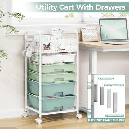 5 Drawer Rolling Storage Cart with Pegboard Top and Hooks, Gradient Green - color: Gradient Green, size: 5-Drawers