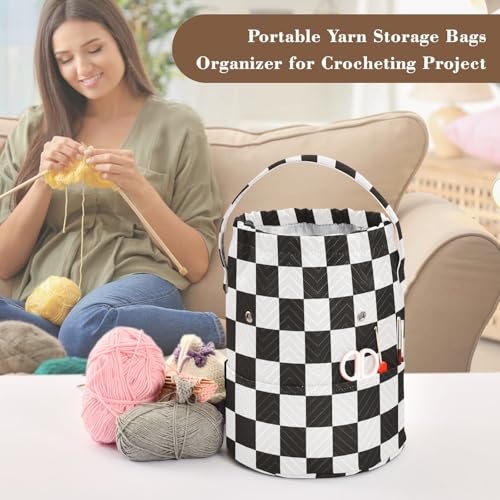 Checkered Black Yarn Bag Small Crochet Bag Drawstring Yarn Storage Organizer Knitting Project Bags Potable Yarn Holder with Holes Handle Crocheting Needles Knitting Accessories - color: Checkered Black