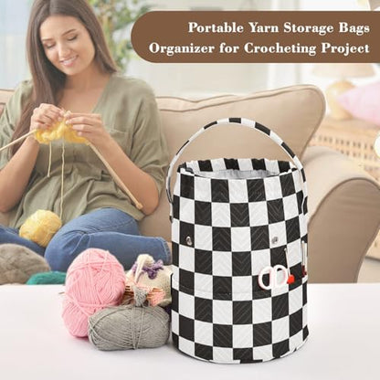 Checkered Black Yarn Bag Small Crochet Bag Drawstring Yarn Storage Organizer Knitting Project Bags Potable Yarn Holder with Holes Handle Crocheting Needles Knitting Accessories - color: Checkered Black