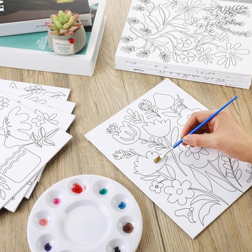 Sherr 20 Pcs Pre Drawn Canvas Floral Art for Painting for Adults | Bulk 8" x 10" Pre Stretched Outline Painting Boards Vibrant Botanical for Beginners Students, Party Favor - style: Floral