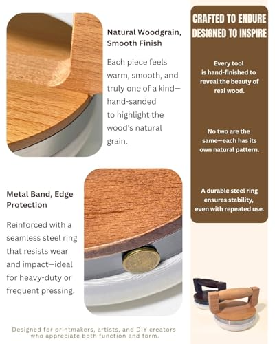 Wooden Printmaking Tool – 4 Inch Block Printing Press with Ergonomic Wood Handle, Steel-Reinforced Rim & Mesh Pad, Ideal for Linocut, Relief Printing and Art Prints (Light Maple Finish) - color: Light Maple Finish