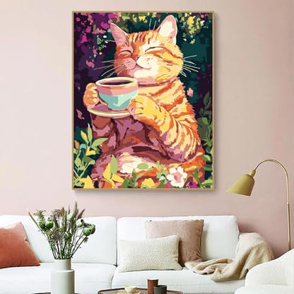 ZRIZQ Paint by Numbers Kit for Adults Beginner,Cat Coffee,16x20 | Full set with wooden brushes,rolled canvas,rich paints.Calming activity.Beginner friendly.Just open and paint. - color: 16"X20"Rolled Canvas(Frameless)-Cat 8