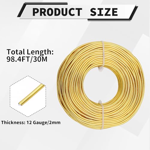 12 Gauge Aluminum Craft Wire, 100 Feet 2mm Bendable Metal Wire for Jewelry Making, Sculpting and Floral Design, Soft Armature Wire for DIY Crafts (Gold) - size: 12 Gauge(2mm), style: Gold