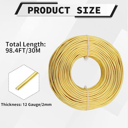 12 Gauge Aluminum Craft Wire, 100 Feet 2mm Bendable Metal Wire for Jewelry Making, Sculpting and Floral Design, Soft Armature Wire for DIY Crafts (Gold) - size: 12 Gauge(2mm), style: Gold