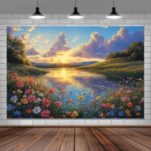 8X6ft Lake Natural Scenery Backdrop Spring Natural Scenery Flowers Landscape Mountain Forest Trees Blue Sky Sunset Photography Background Picnic Camping Hiking Spring Travel Vacation Backdrop - color: Red, size: 8x6FT