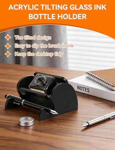 2 in 1 Acrylic Tilting Glass Ink Bottle Holder, Calligraphy Oblique Nib Pen Holder Stand, Non-Slip Base, Elegant Desk Decor for Writing, Ink Storage, Artists Calligraphy Beginners
