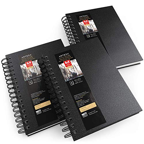 ARTEZA Watercolor Sketchbook Set, 3-Pack, 64 Pages per Book, 5.5 x 8.5 Inches, Black Hardcover Spiral Notebooks, 140-Pound Premium Watercolor Paper for Artists - color: Black, size: 5.5x8.5 inch - 3 pack