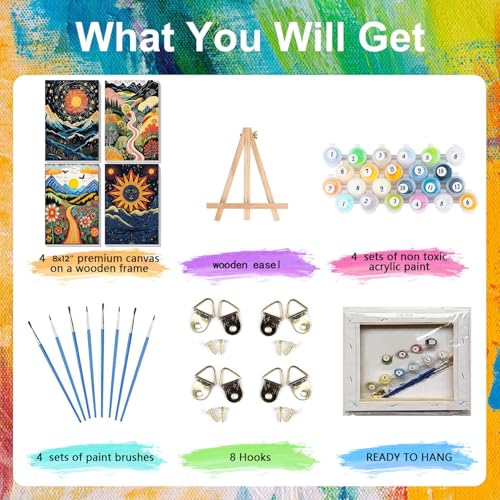 4 Pack Scenery Paint by Numbers for Adults with Frame Canvas - Wooden Easel - color: BKH1296+BKH1297+BKH1298+BKH1299