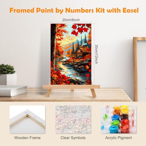 MOGTAA Fall Landscape Paint by Numbers Kit for Adults Beginners with Frame, Adult Paint by Number Kits on Canvas with Easel, Easy DIY Oil Painting Kits for Home Decor, 8x12in - color: Fall Landscape