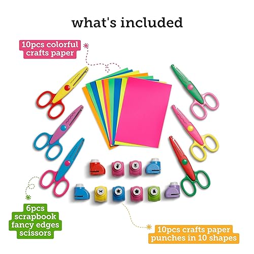 Craft Scissors Set – 26 Pcs, Paper Hole Punch & Decorative Cutting Edges | Incraftables 6 decorative scissors, 10 hole punch shapes & 10 colorful sheets – great for kids & scrapbooking.