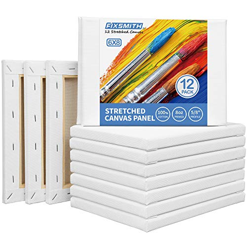 FIXSMITH Stretched Canvas- 6x8 Inch, Bulk Pack of 12, White Blank Canvases for Painting, Primed,100% Cotton,5/8 Inch Profile of Super Value Pack for Acrylics,Oils & Other Painting Media. - size: 6"x8"