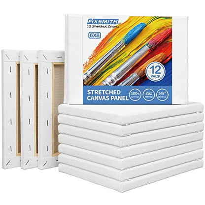 FIXSMITH Stretched Canvas- 6x8 Inch, Bulk Pack of 12, White Blank Canvases for Painting, Primed,100% Cotton,5/8 Inch Profile of Super Value Pack for Acrylics,Oils & Other Painting Media. - size: 6"x8"