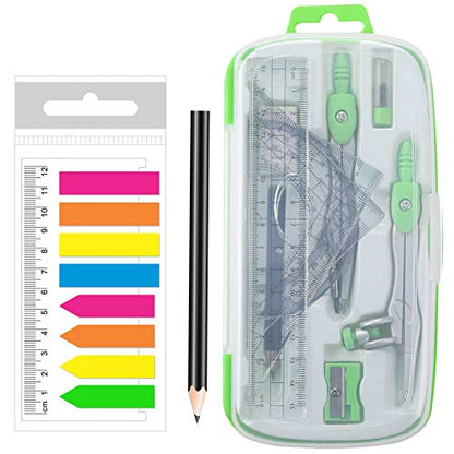 Akuoly Geometry Compass Kit Starter Maths Set with 2 Drafting Compasses Protractor Set Squares Ruler and More for Students Maths Study, Green