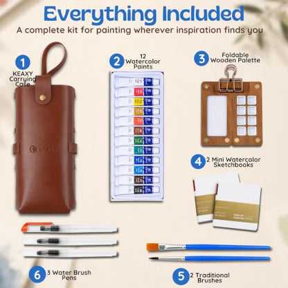 KEAXY Travel Watercolor Set - Mini Paint Kit - Portable Pocket Palette | Durable materials resist wear from travel and use. All-in-one, compact workspace for on-the-go creativity