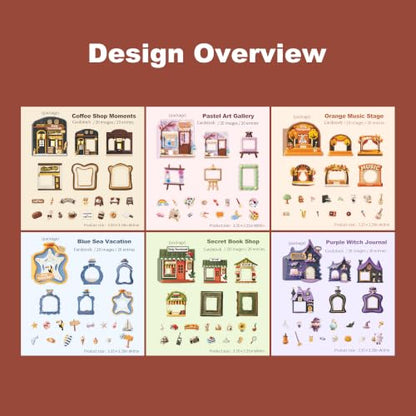 120 Pcs Mini Scene Stickers for Scrapbooking and Journaling | Coffee shop, beach, Halloween, music, books and art themes with framed scenes and mini icons on cardstock; 120 designs - color: Daily Handicraft
