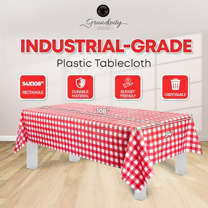 Grandipity Plastic Table Cloth Disposable 12 Pack 54” x 108” Rectangle | Red Gingham Plastic table covers, durable disposable tablecloths, fade and tear-resistent table cover for party, event - color: Red Gingham Checkered, size: 54in. x 108in. Rectangle
