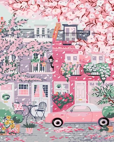 Ekuxom Sakura City Paint by Numbers Kit for Adults on Canvas 16x20 Inch | Acrylic Adult Paint by Number Kits -Flowers Watercolor Oil Number Painting for Home Decor Gift （Without Frame） - color: Sakura City