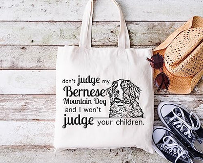 Pet Studio Art Don't Judge My Dog Tote Bag - color: Bernese Mountain Dog