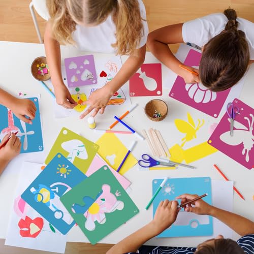 48PCS Stencils for Kids, 8" Sidewalk Chalk Stencils for Painting Kids Style | Geometric Letter Number Themed Primary Shape Template for Kids, Large Reusable Stencils for Drawing Outside, Crafts Painting