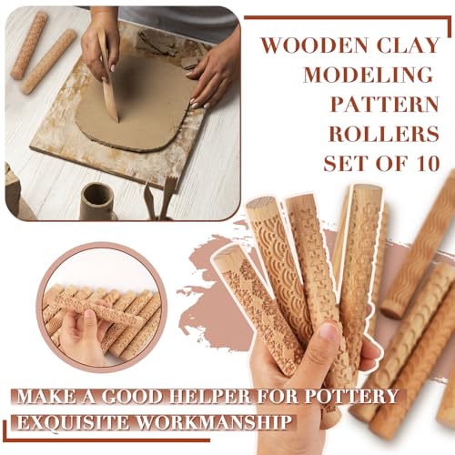 Lzttyee Wooden Handle Pottery Tools Clay Modeling Pattern Rollers, Brown | Clay Texture Rollers Set of 10 - color: Set of 10