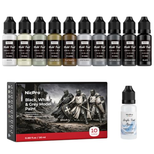 Nicpro 10 Colors Black, White & Gray Model Paint Set, 20ml Ready to Use | Modeling Acrylic Paints, Brush & Airbrush, Miniature Paint Set for Models, Figures, Terrain, Dioramas & 3D Print with Thinner - style: Black, White & Gray