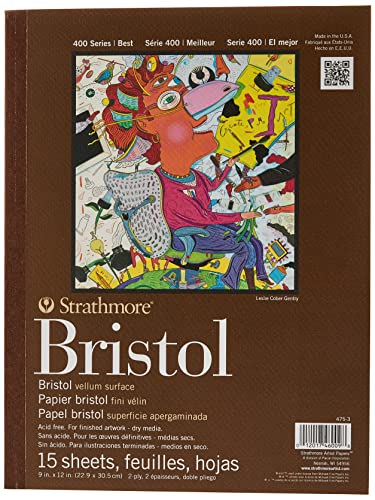 Strathmore 475-3, 400 Series Bristol, 2-Ply Vellum, 9"x12" Tape Bound, 15 Sheets , White