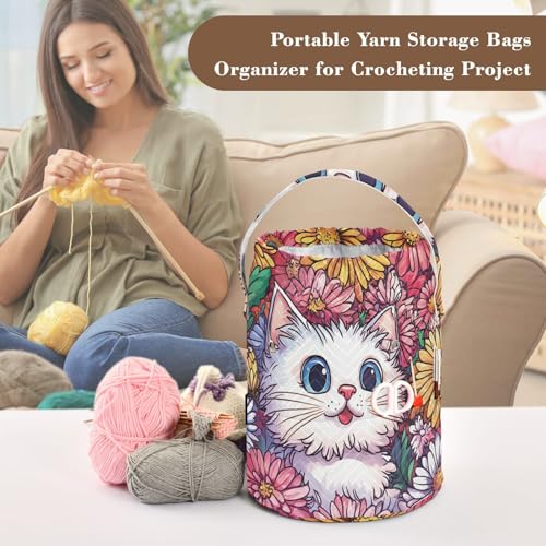 Cute Chrysanthemum Cats Butterflies Yarn Bag Small Crochet Bag Drawstring Yarn Storage Organizer Knitting Project Bags Potable Yarn Holder with Holes Handle Crocheting Needles Knitting Access - color: Cute Chrysanthemum Cats Butterflies