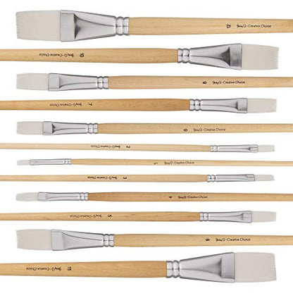 Jerry Q Art 12 PC White Synthetic Hair Flat Brush Set with Long Wood Handles for Watercolor and Acrylic JQ66051