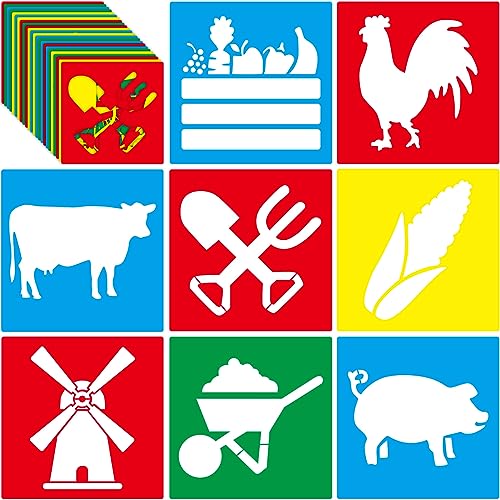 Henoyso 24 Pcs Farm Animal Stencil for Kids 8 Inch Reusable Templates | Plastic, Drawing Painting Templates, Farmer House, Cock, Cow, Blue, Red, Yellow, Wood Paper Scrapbook, Wedding DIY Art Crafts - style: Farm Style