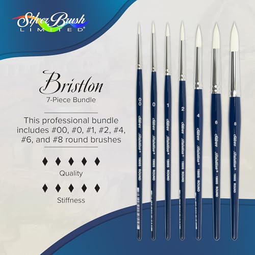 Silver Brush Limited Bristlon Short Handle Rounds Oil Paintbrush Set, 7pc | Sizes 2/0, 0, 1, 2, 4, 6, 8, Stiff Fine Point White Synthetic Bristle, Lightly Textured Strokes, Superb Paint Absorbency - color: Short Handle Rounds, size: 7 count