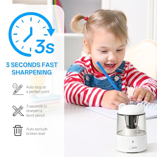 Electric Pencil Sharpener, Rechargeable Auto-Stop for 6-8mm, 3 Modes | Fast Sharpen in 3s, Battery Powered, Heavy Duty Blade, Suitable for No.2(6-8mm), School/Home/Office - color: White