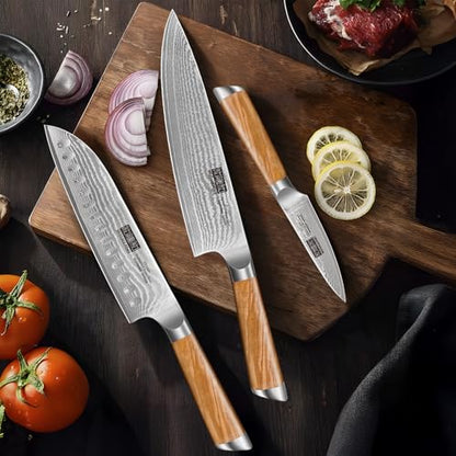 HOSHANHO Damascus Kitchen Knife Set 3PCS, Sharp Chef/Santoku/Fruit Knives | Professional Cooking Knife Set | Japanese Super Steel | 15° Edge | 62 HRC | Ergonomic Olive Wood Handle | Housewarming Gift - style: 3 Pieces Knife Set