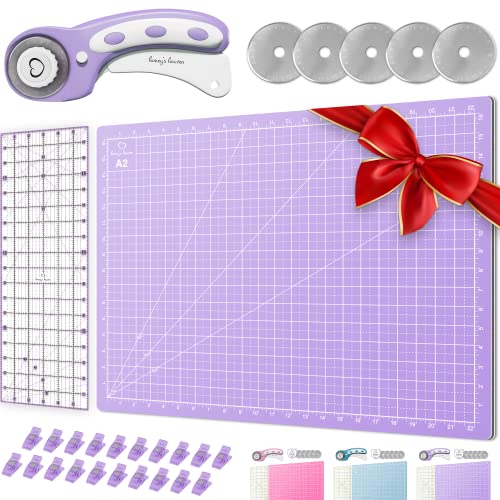 Rotary Cutter Set lavender - Quilting Kit incl. 45mm Rotary Cutter, 5 Replacement Blades, A2 Cutting Mat, Acrylic Ruler and Craft Clips - Ideal for Crafting, Sewing, Patchworking, Crochet & Knitting - color: Lavender, size: A2 (24" x 18")