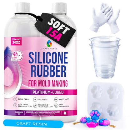Craft Resin Fast-Curing Soft Silicone Mold Making Kit, Shore 15A – 34 oz | Cures In 4 Hours. Translucent Platinum Cure Silicone. 1:1 Liquid Silicone Mix, For Resin, Soap, Candle And Complex 3D Molds. - size: 34 Oz Soft