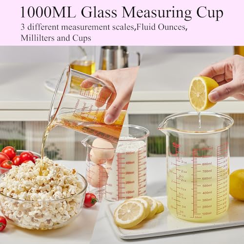 High Borosilicate Glass Measuring Cup Set-V-Shaped Spout，Includes 250ml(8OZ), 500ml(16OZ), and 1000ml(32OZ) Glass Measuring Beaker for Kitchen or Restaurant, Easy to Read - size: 250ml/500ml/1000ml Measuring Cup Set
