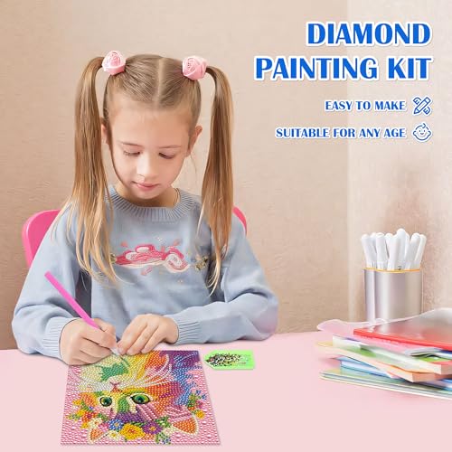 Leixonl Diamond Art Kits for Kids with Framed (7 in) Cartoon Animals DIY Gem Art Painting - Arts & Crafts Gifts for Beginners & Teens (1p-6-in-cat) - color: Cat