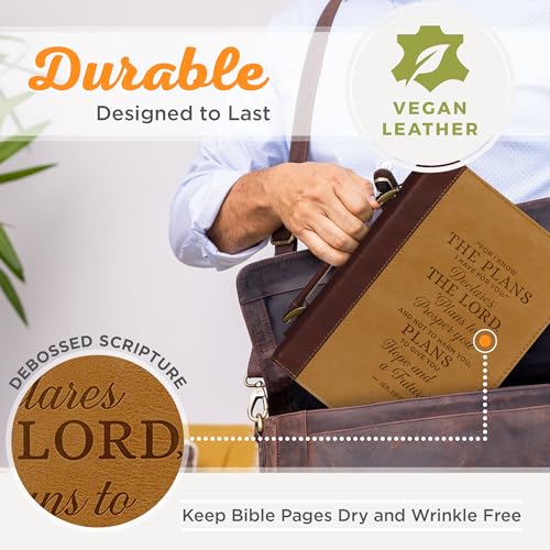 Christian Art Gifts Classic Vegan Leather Bible Cover for Men & Women: Hope & Future Encouraging Scripture Verse, Debossed Design, Sturdy Easy Carry Case, Pockets, Pen Loops Storage, Brown/Tan, Large - size: Large