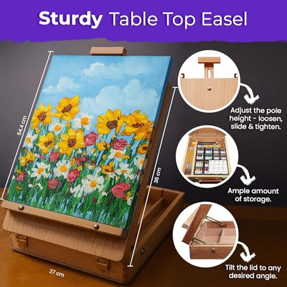 Chalkola 95 Pcs Acrylic Painting Kit for Adults Art - 64 Acrylic Paint Set | Wood Tabletop Easel, Canvas, Art Brushes, Palette, Knife - Professional Canvas Painting Supplies for Artists & Beginners - size: 95 Full Acrylic Set