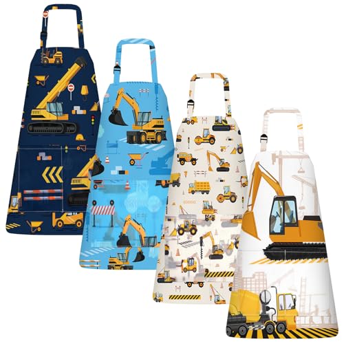 PLULON 4 Pcs Aprons with Pockets Painting Apron for Kids, Kids Apron Adjustable Strap Engineering Vehicles Bulldozer Excavator Truck Apron for Painting Cooking Baking Girls Boys, 3-8 Years - color: Multicolor Truck